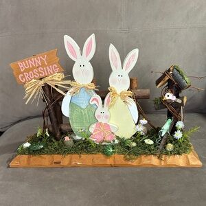 Rustic Bunny Crossing Easter Tabletop Decor - Pastel Pink, Green, Yellow